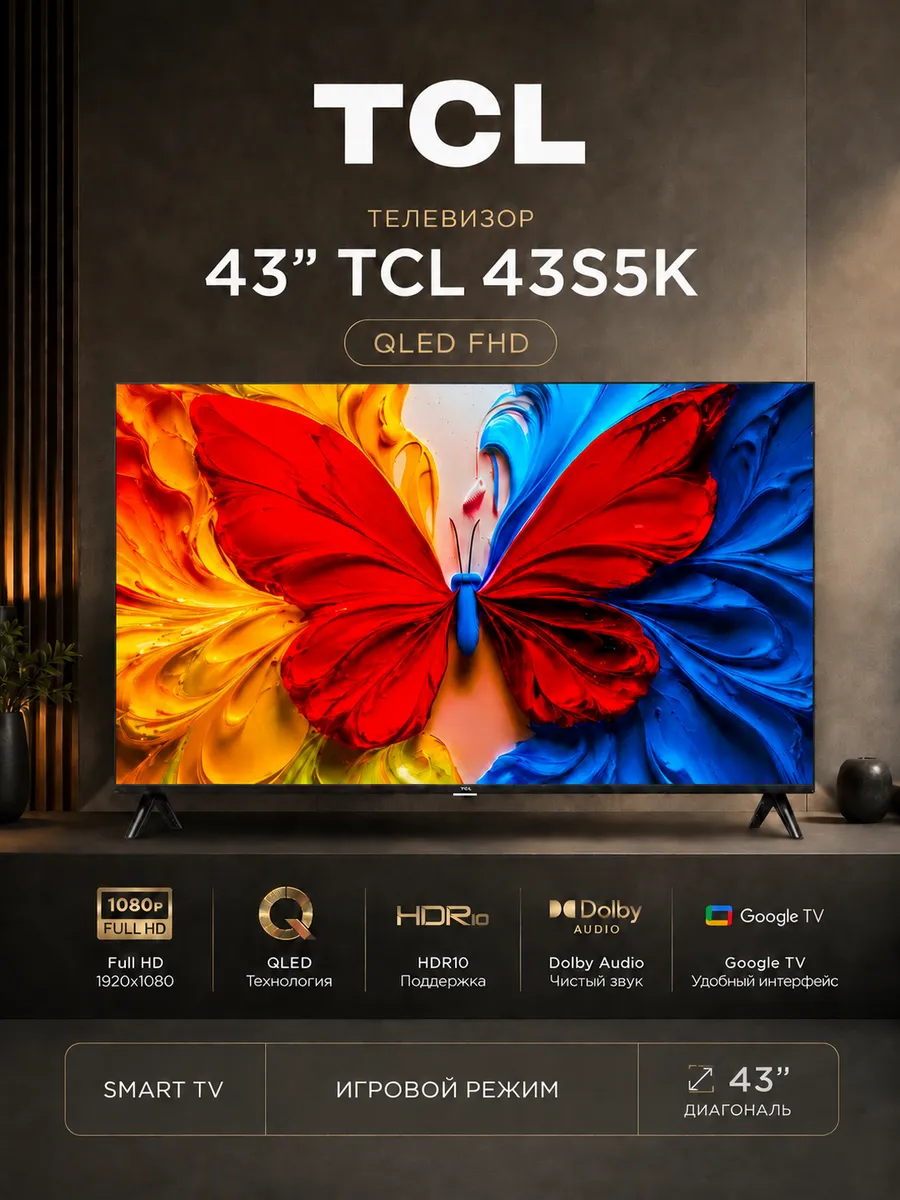 TCL Телевизор 43 диагональ 43S5K Full HD HDR10 Google TV