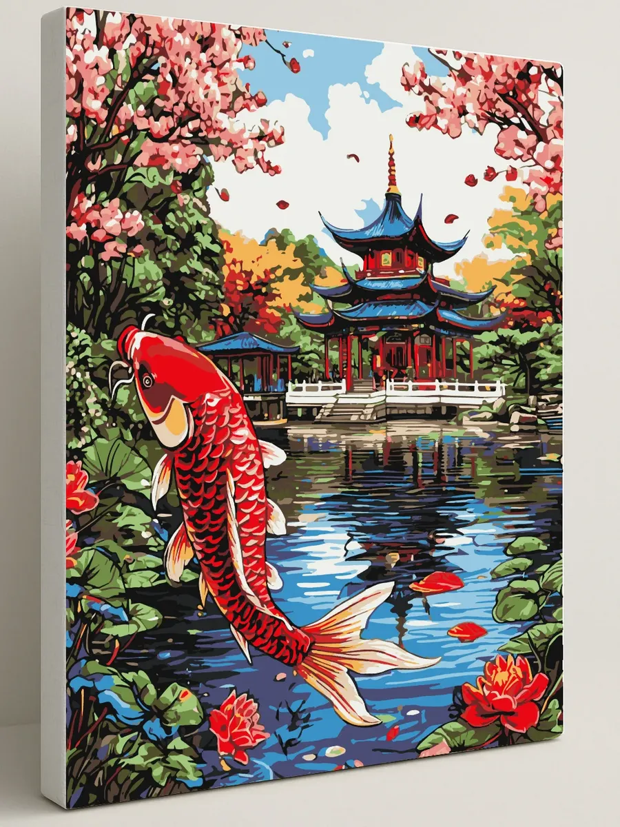 Картина по номерам - Карп кои и китайский дракон у пагоды — 40×50 см