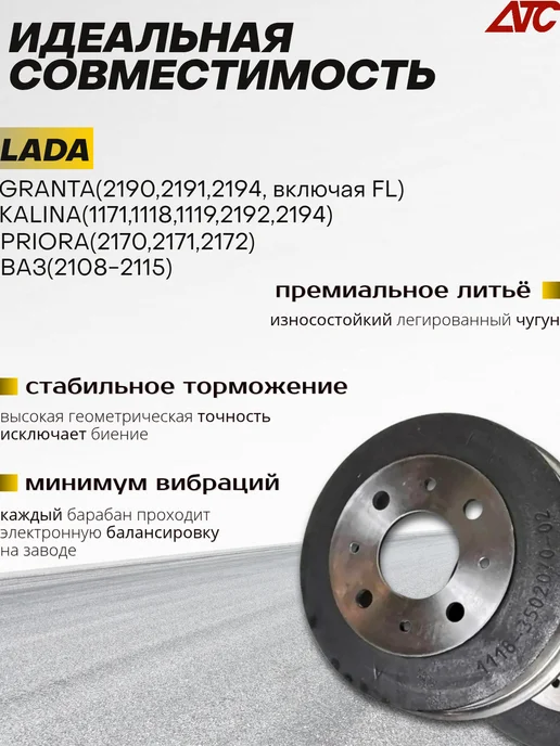 АТС Тормозные барабаны для Lada(ВАЗ) Гранта, Калина, Приора, 2 шт, фото 2