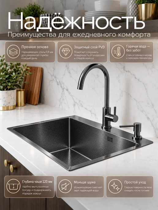 GoodSTUFF Раковина для кухни 60х45 графит, сталь 0.9 мм, 60x45, фото 7