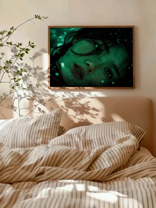 Плакат Surreal Portrait with Green Diamonds, зеленый, фото 4