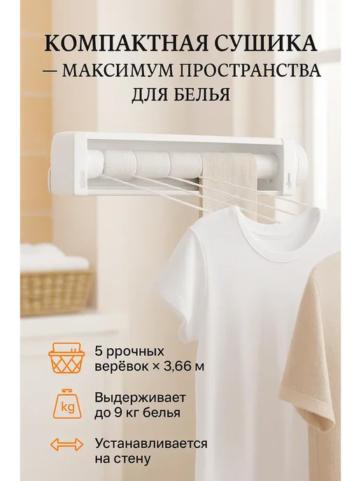 LanaDI Сушилка для белья настенная, 5 веревок, белый
