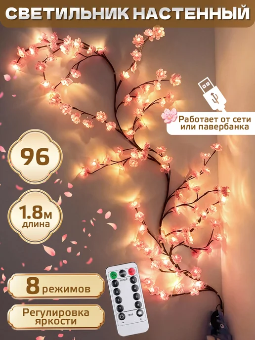 Светильник настенный бра светодиодный дерево с цветами, розовый