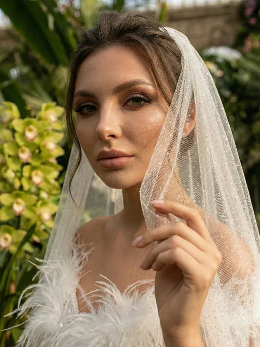 JewelryMeverly Фата свадебная длинная с блестками, белый, фото 3
