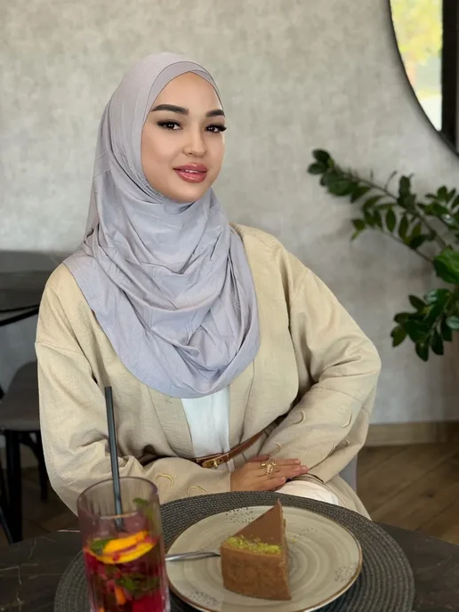 HABIBI Хиджаб Фирдаус с боне в нахлёст, серый, фото 4