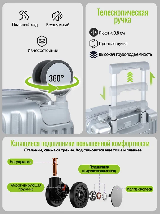 Чемодан на съёмные колёса ручная кладь 40 30 20 Поликарбонат, серый, фото 3