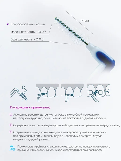 Pesitro Межзубные ершики для зубов и брекетов 0.7 мм набор 2 штуки, вариант, фото 3