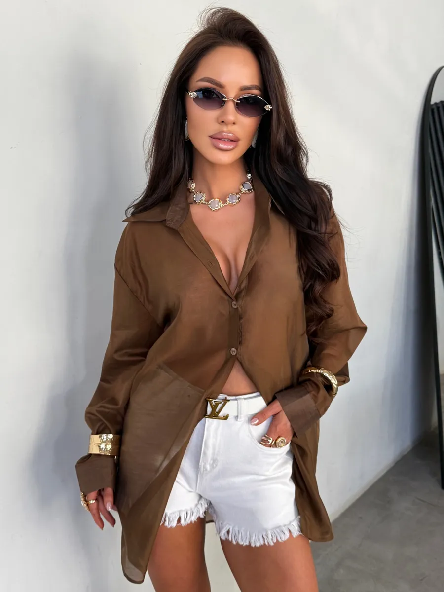 Коричневая нарядная рубашка оверсайз удлиненная летняя