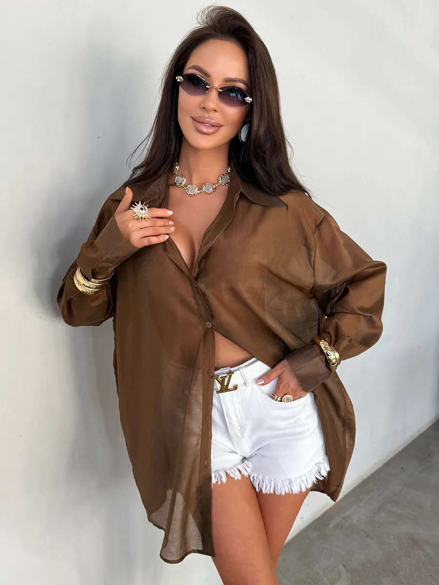 Коричневая нарядная рубашка оверсайз удлиненная летняя