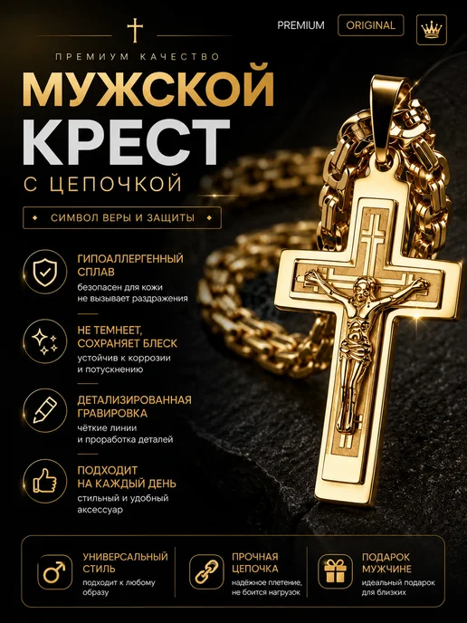 Цепочка на шею с крестом стальная, желтый