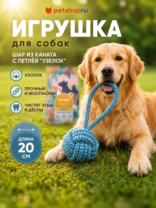 PetShop Игрушка для собак шар из каната с петлей "Узелок", 20 см, голубой