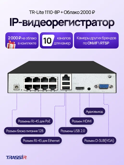 TRASSIR IP видеорегистратор TR-Lite 1110-8P, черный, фото 2