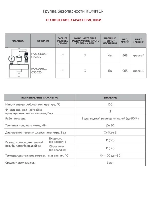 ROMMER Группа безопасности котла до 50 кВт, 1" (без теплоизоляции), вариант, фото 4