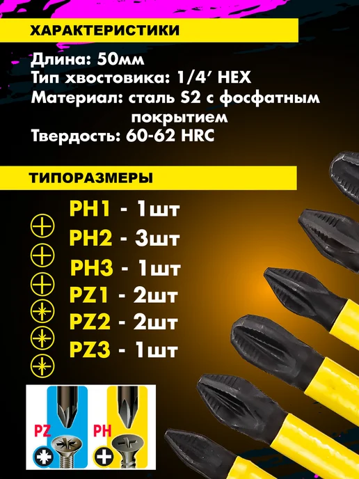 Skole Биты для шуруповерта магнитные набор PH-PZ, 10 шт, фото 2