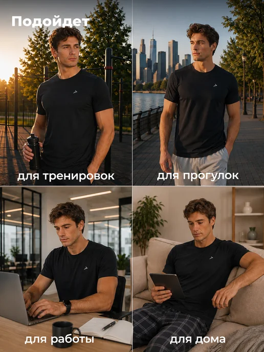 Demix Футболка спортивная мужская прямого кроя черная, черный, фото 3