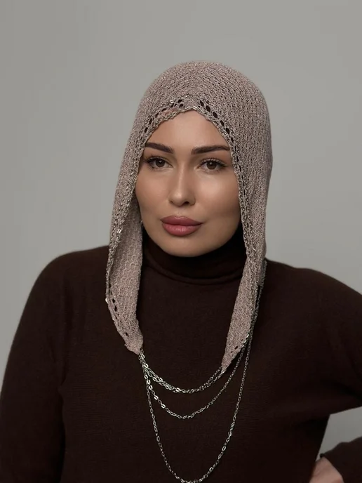 GIGISTORE Капор хиджаб капюшон нарядный с цепью бусами, коричневый