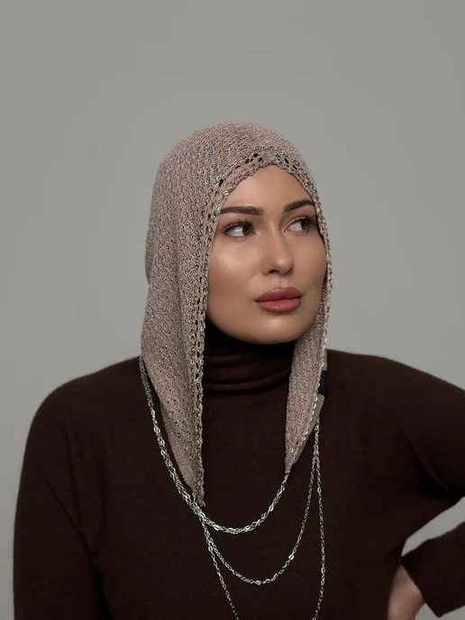 GIGISTORE Капор хиджаб капюшон нарядный с цепью бусами, коричневый, фото 4