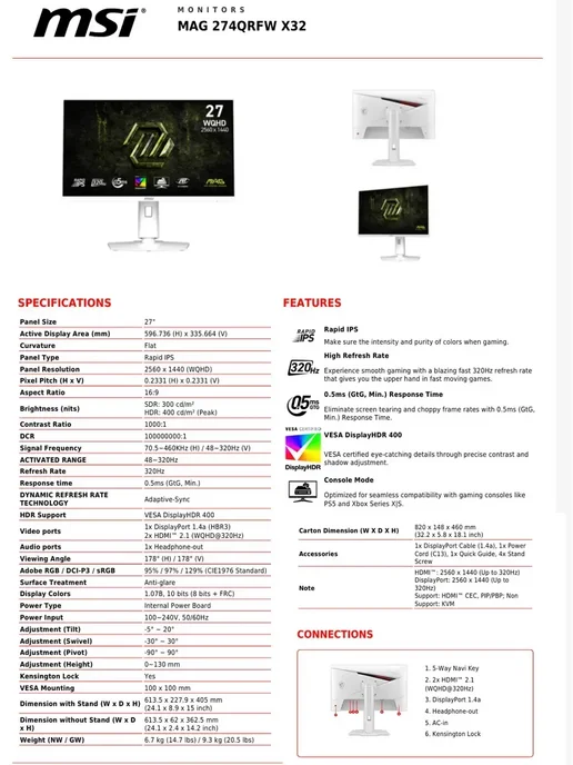 MSI 27" Монитор MAG 274QRFW X32 320Hz 2K подъем и вращение белый, белый, фото 7