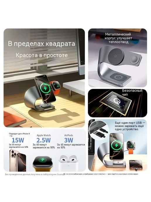 Магнитная зарядка MagSafe 3 в 1 серая, белый, фото 4