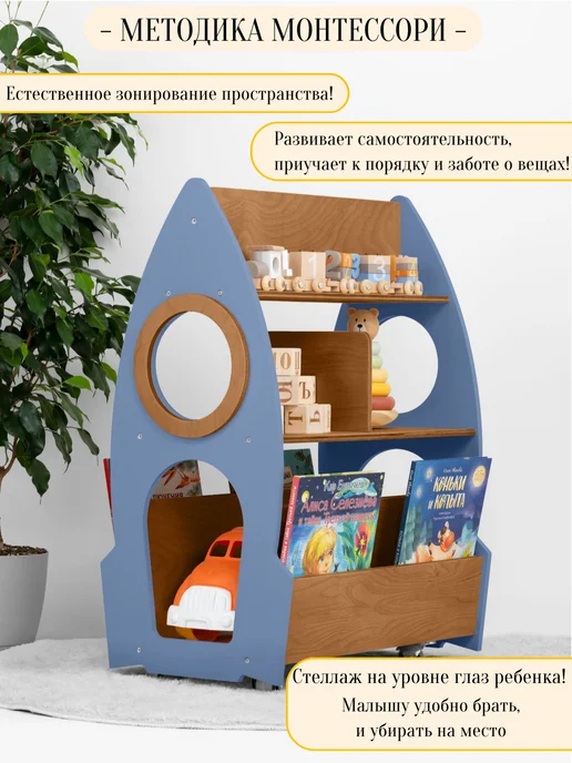 Стеллаж ракета для книг и игрушек на колесах в детскую, синий, фото 2