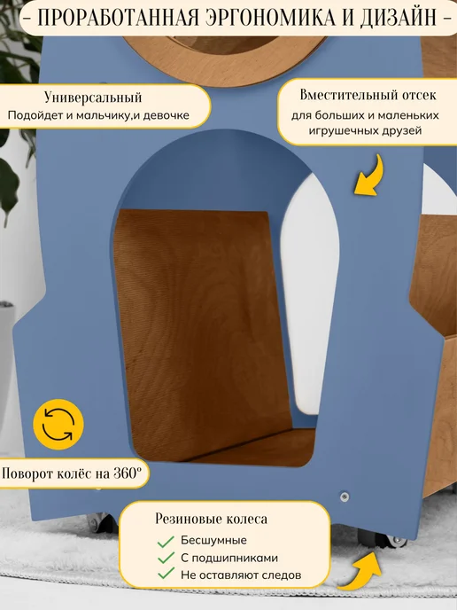 Стеллаж ракета для книг и игрушек на колесах в детскую, синий, фото 6