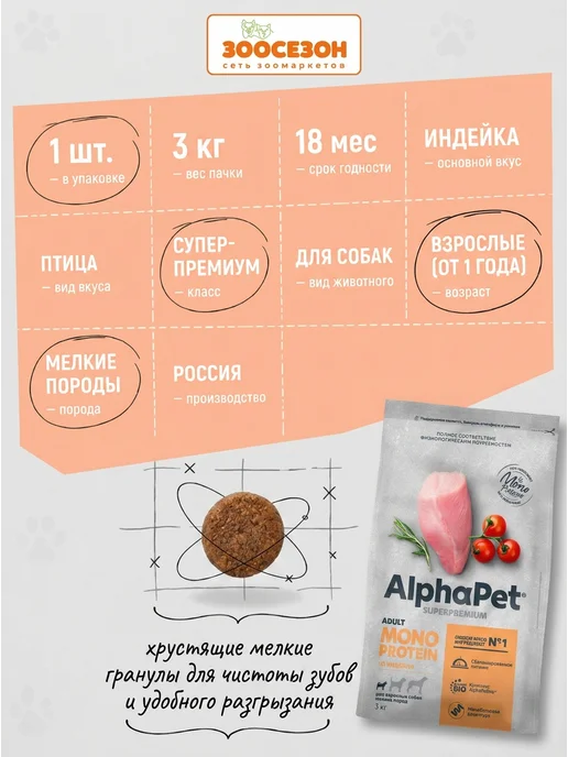 Сухой корм AlphaPet Monoprotein для собак, взрослые, мелкие, индейка, 3 кг, фото 2