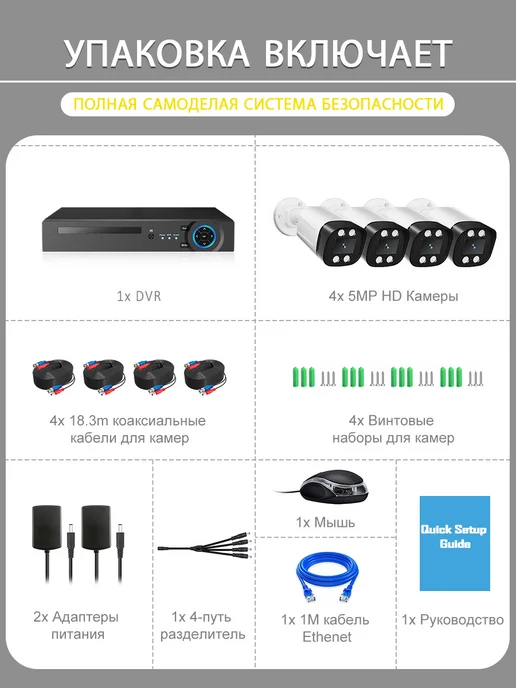CAMSICA Комплект видеонаблюдения AHD уличный 5МП На 4 Камеры Нет HDD, черный, фото 2