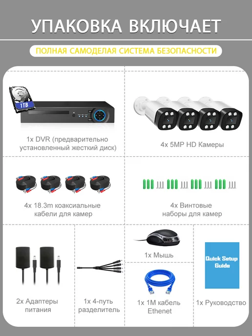 CAMSICA Комплект видеонаблюдения AHD уличный 5 МП На 4 Камеры c 1 ТБ, 1 ТБ, фото 2