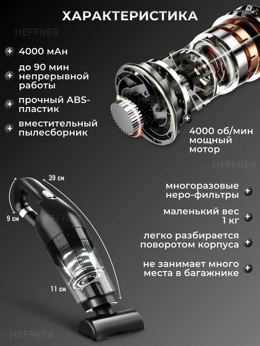 HEFFNER Пылесос для автомобиля беспроводной мощный, черный, фото 3
