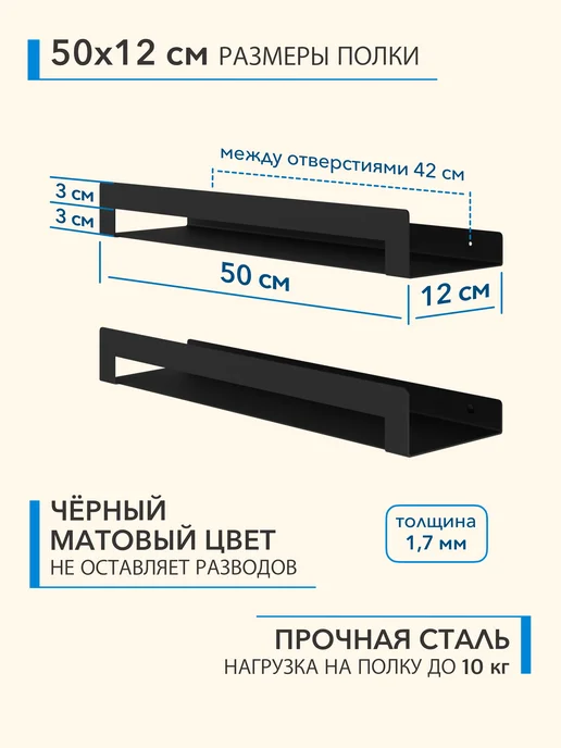 Alvente Полка для кухни на стену металлическая черная 50 см, 2 шт, фото 2