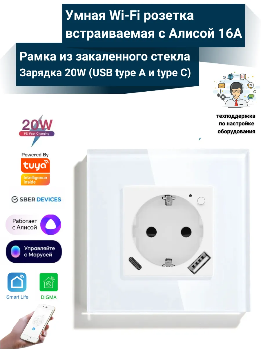 Умная розетка встраиваемая WiFi с зарядкой USB 20W