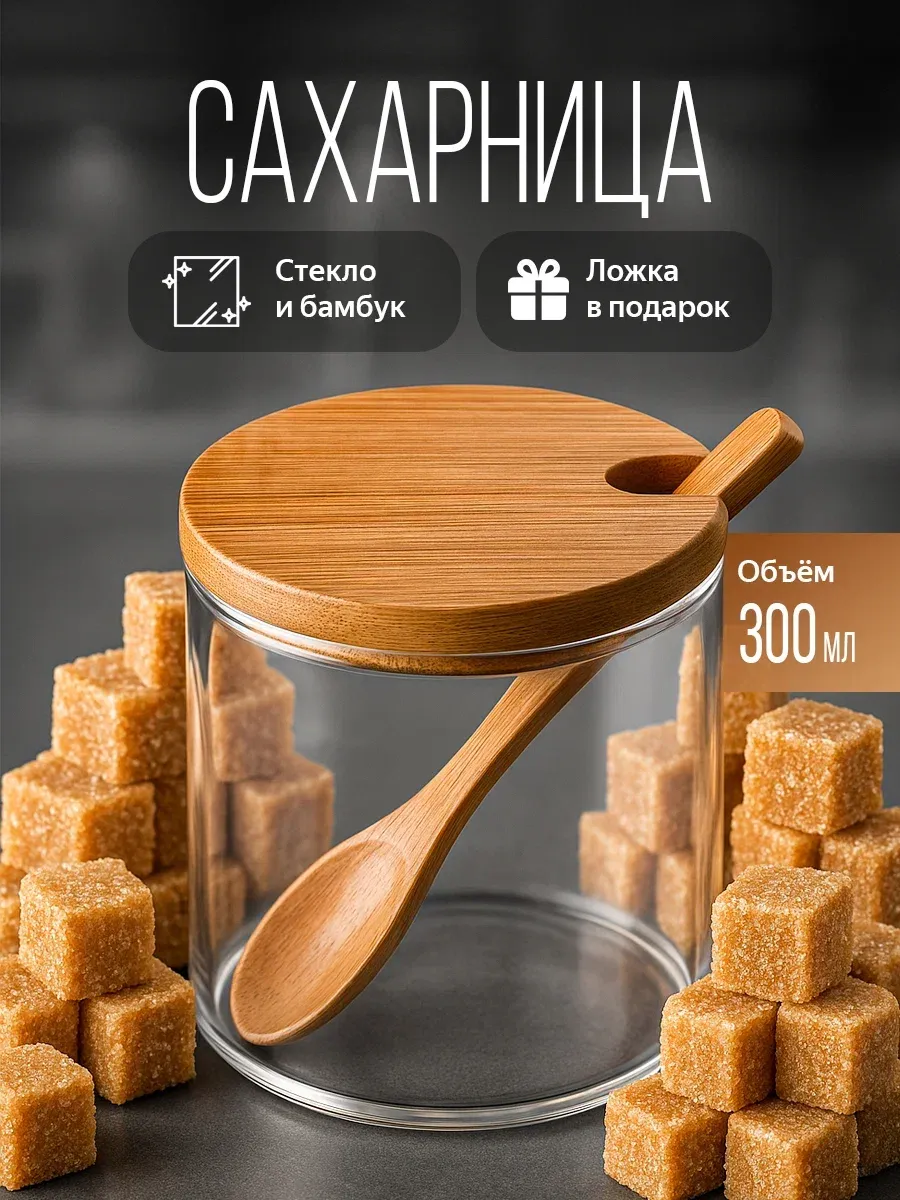 Сахарница с крышкой и ложкой из бамбука стеклянная