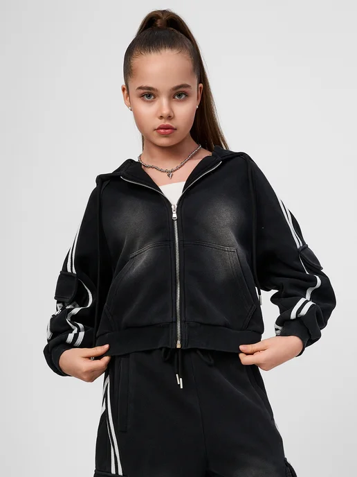 BidsKids Оверсайз костюм спортивный подростковый теплый, черный, фото 4