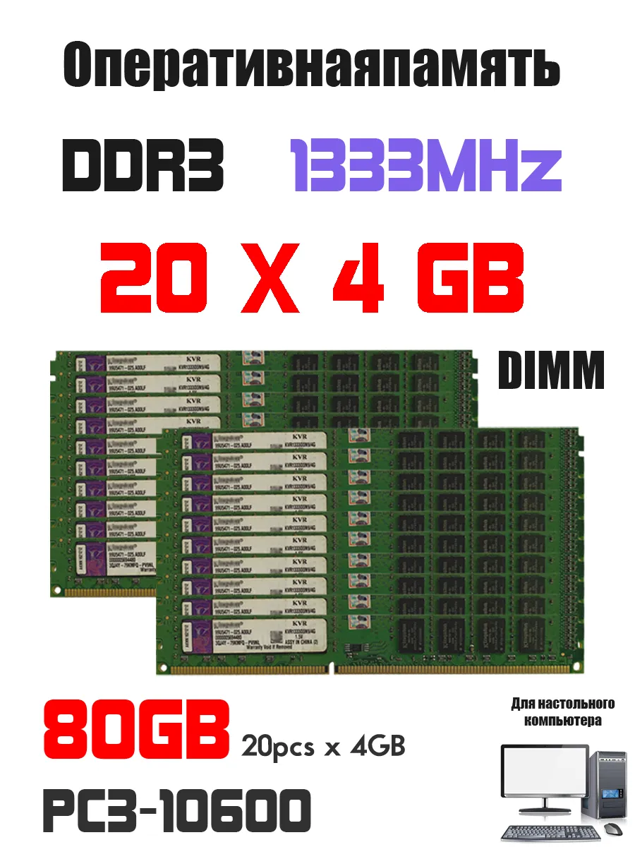 Оперативная память комплект DDR3 4GB 1333MHz 20pcs PC3-10600 Kingston 722623372 купить в интернет‑магазине Wildberries