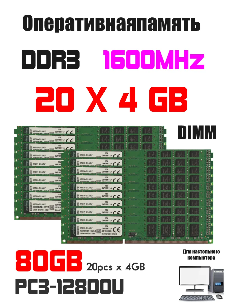 Оперативная память комплект ddr3 4GB 1600MHz 20pcs PC3-12800 Kingston 722623374 купить в интернет‑магазине Wildberries