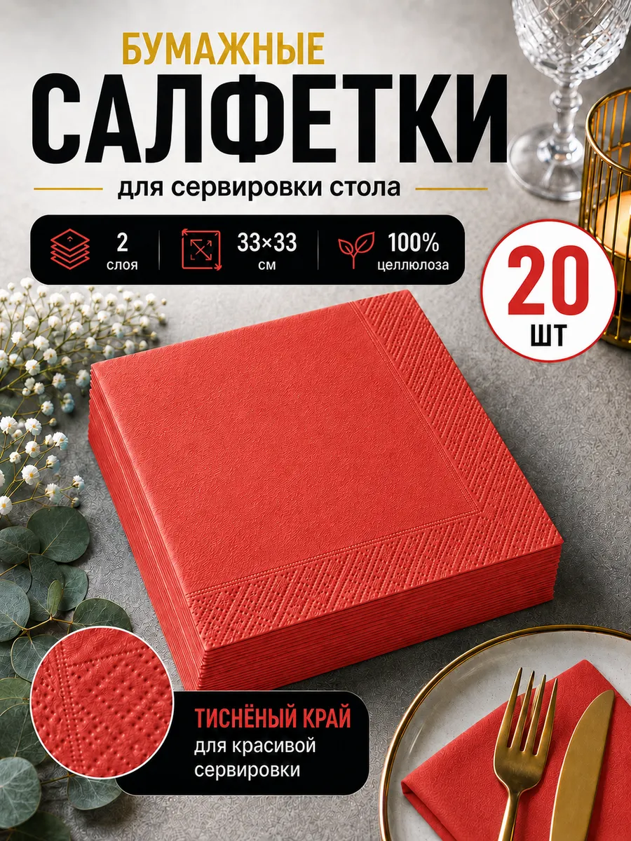 Салфетки бумажные сервировочные 33х33 см, 20 шт