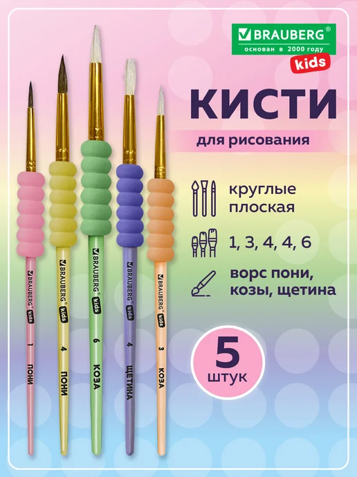 Brauberg Кисти для рисования в школу набор 5 шт, пони коза щетина, 5 шт