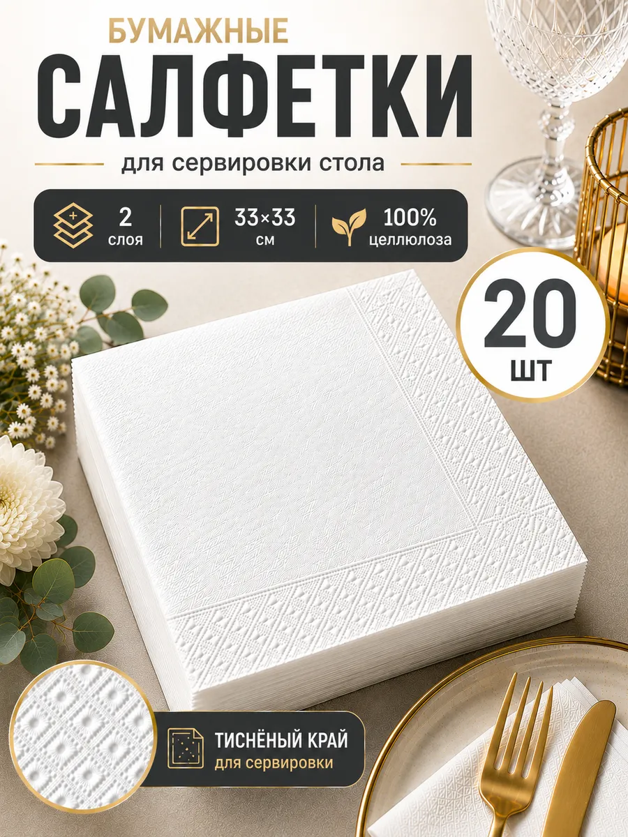 Салфетки бумажные сервировочные 33х33 см, 20 шт