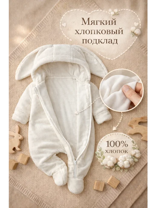 Мяу Кидс Комбинезон для новорожденных демисезонный с капюшоном, белый, фото 2