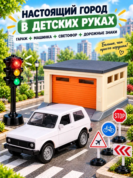 Рыжий кот Гараж для игрушечных машинок с воротами машинка и светофор, вариант