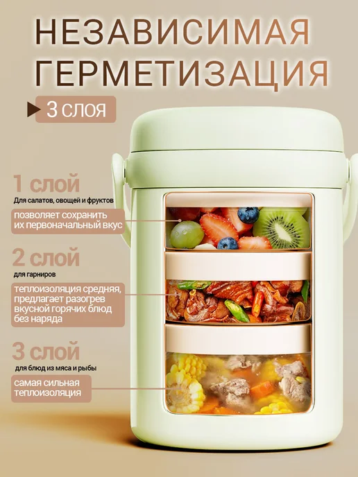 Gianxi Термос для еды 2 л с контейнерами и широким горлом, 2 л, фото 2