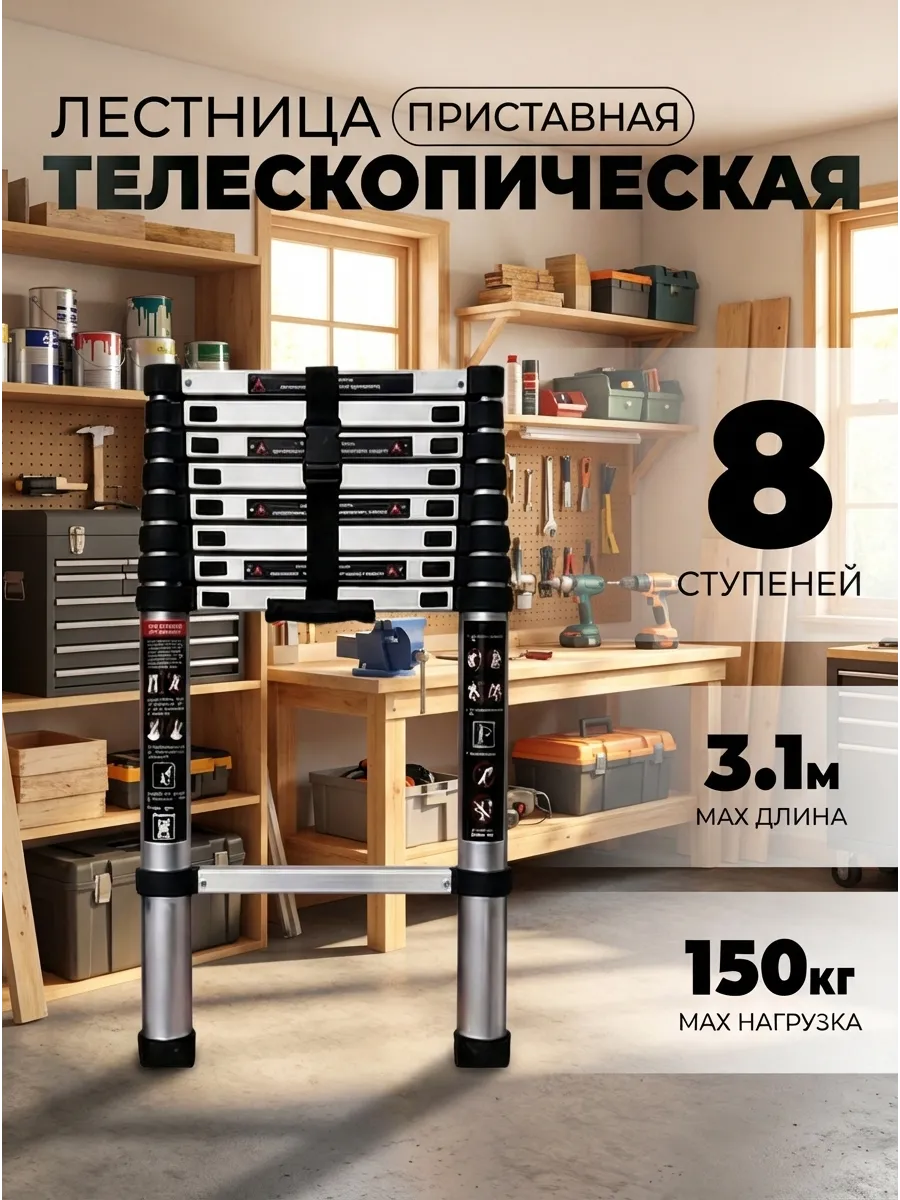 Лестница телескопическая алюминиевая 8 ступеней