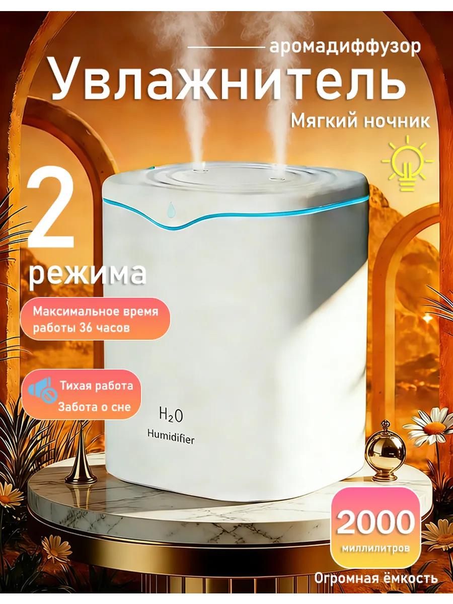 Увлажнитель воздуха для дома бесшумный мини на 2 л