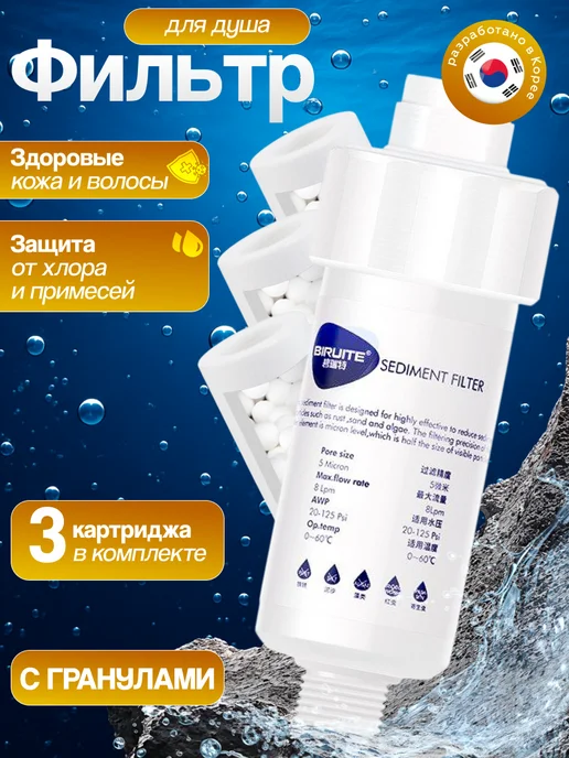 BIRUITE Фильтр для душа от примесей и ржавчины с 3 картриджами, голубой