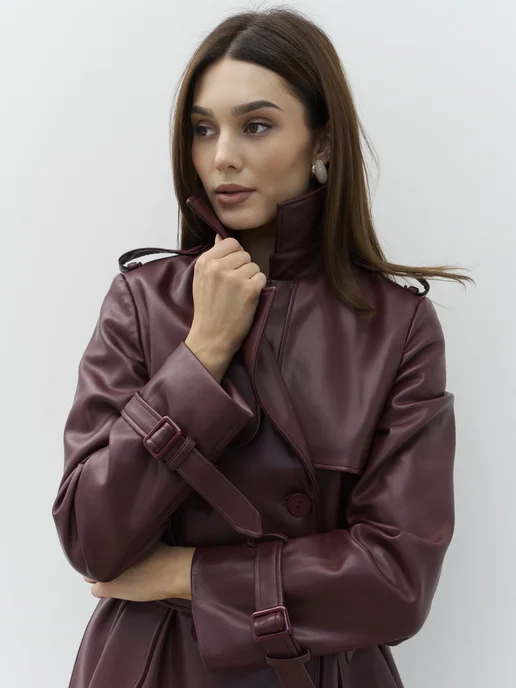 AllDiamond Кожаный плащ тренч длинный с поясом на весну, красный, фото 5