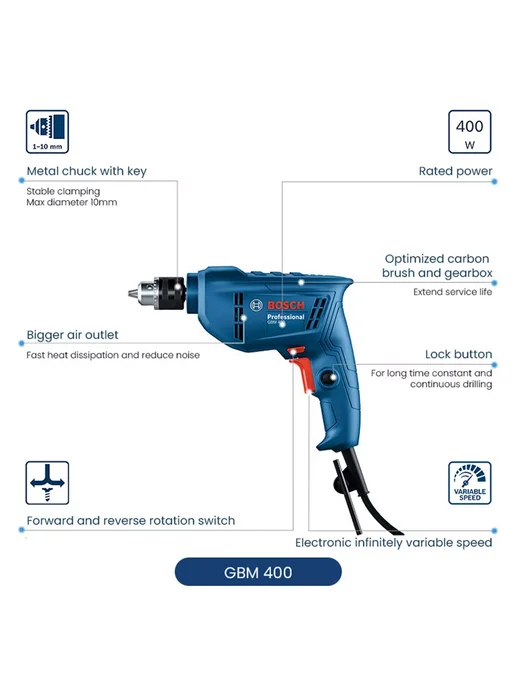 BOSCH Ручная дрель GBM 400 с металлическим патроном, синий, фото 4