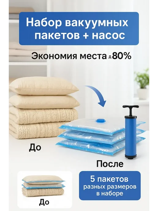 КАМИЛЬ Вакуумные пакеты для одежды и хранения вещей, 5 шт