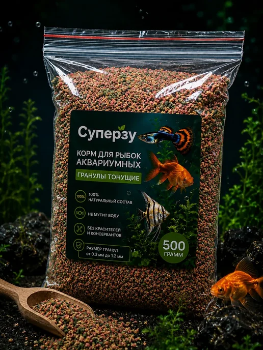 Суперзу Корм для рыбок аквариумных 250мл гранулы 100г, 500 г
