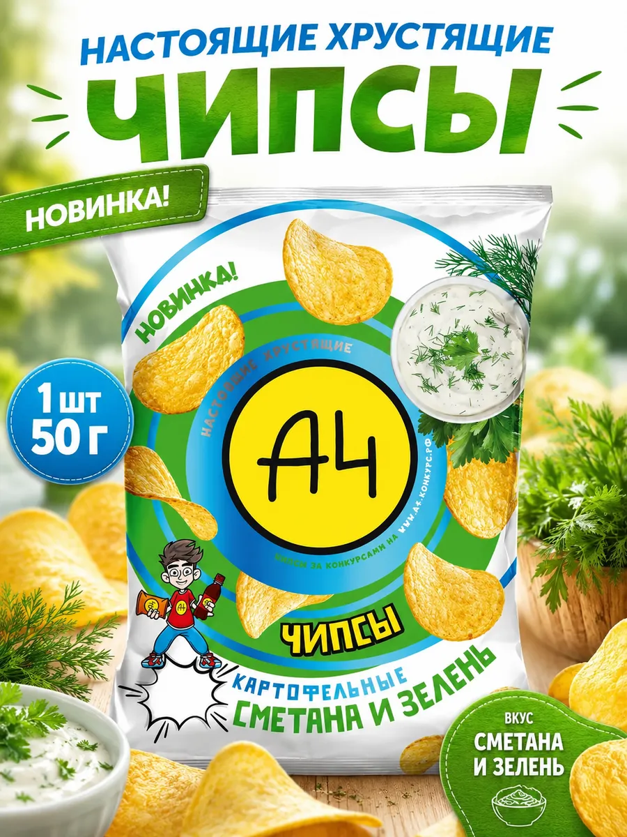 Чипсы А4 со вкусом сметана и зелень 50г