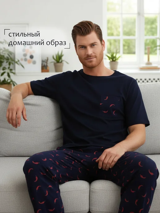 Timis Пижама со штанами хлопковая домашняя трикотажная, синий, фото 7